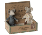 Maileg Grandma and Grandpa Mice sitting in a cigar box