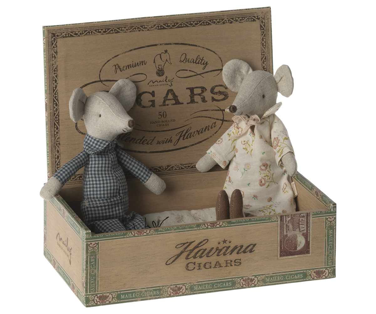 Maileg Grandma and Grandpa Mice sitting in a cigar box