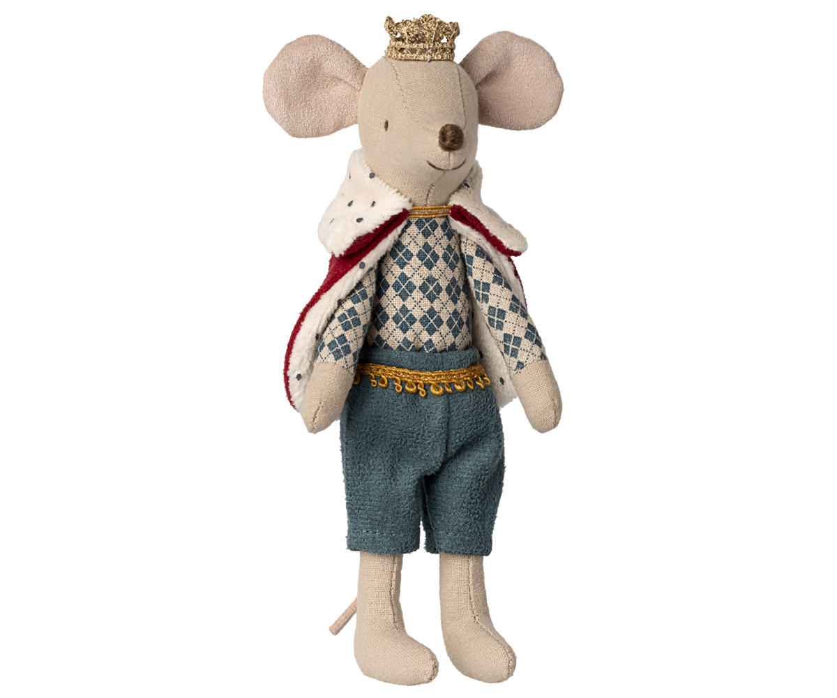 Maileg King Mouse Dad wearing a royal robe and a gold crown