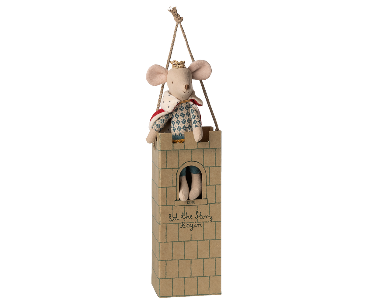 Maileg King Mouse Dad standing on a cardboard castle tower