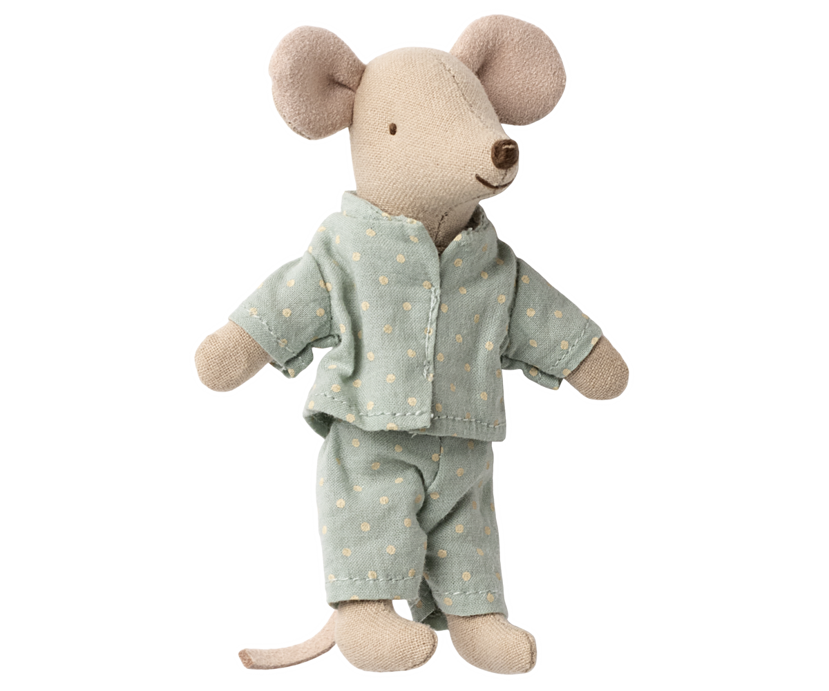 Maileg Little Brother Mouse in matchbox with spotted pyjamas on a white background