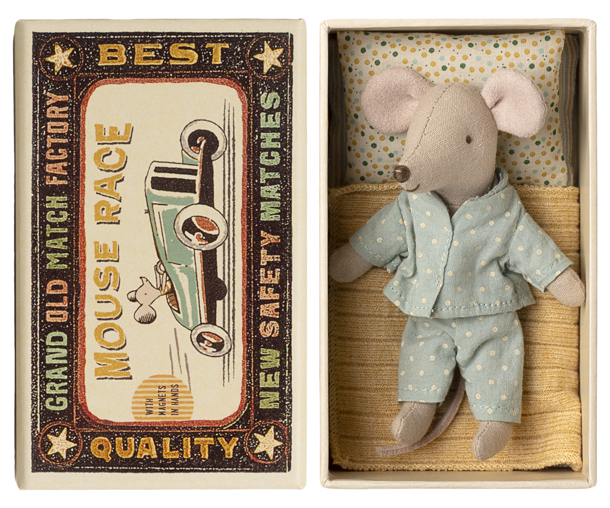 Maileg Little Brother Mouse in matchbox with spotted pyjamas
