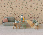 Maileg Little Brother Mouse in matchbox with spotted pyjamas styled in a doll living room