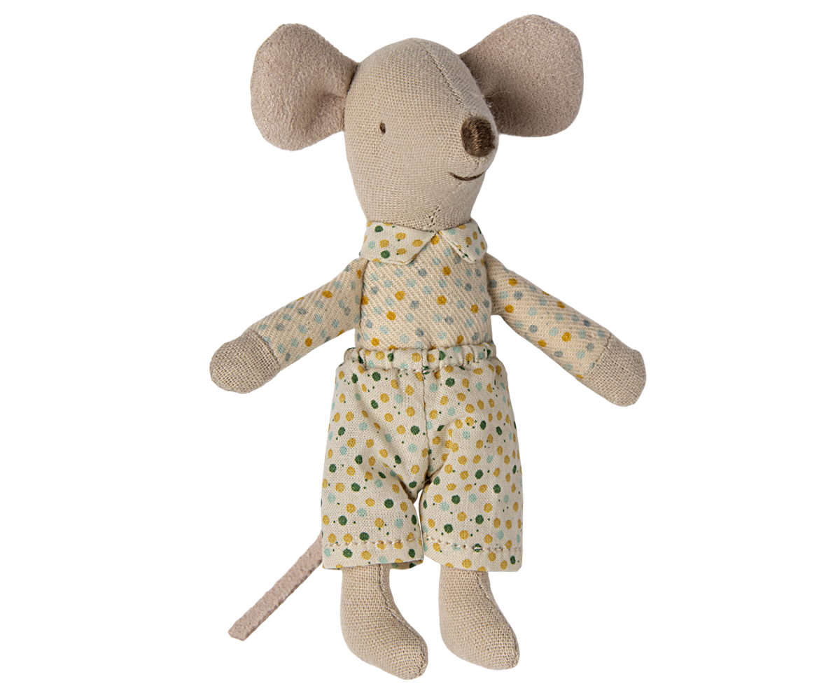 Maileg Little Brother Mouse in matchbox with polka dot pyjamas on a white background