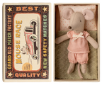 Maileg Little Sister Mouse wearing a pink checkered outfit in matchbox bed