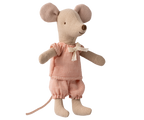 Maileg Little Sister Mouse in matchbox wearing a pink checkered outfit on a white background