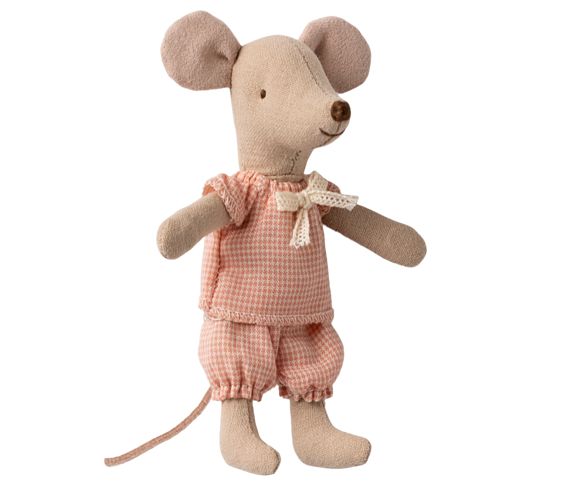 Maileg Little Sister Mouse in matchbox wearing a pink checkered outfit on a white background