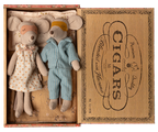 Maileg Mum and Dad Mice set sleeping in cigar box bed wearing pyjamas and eye masks