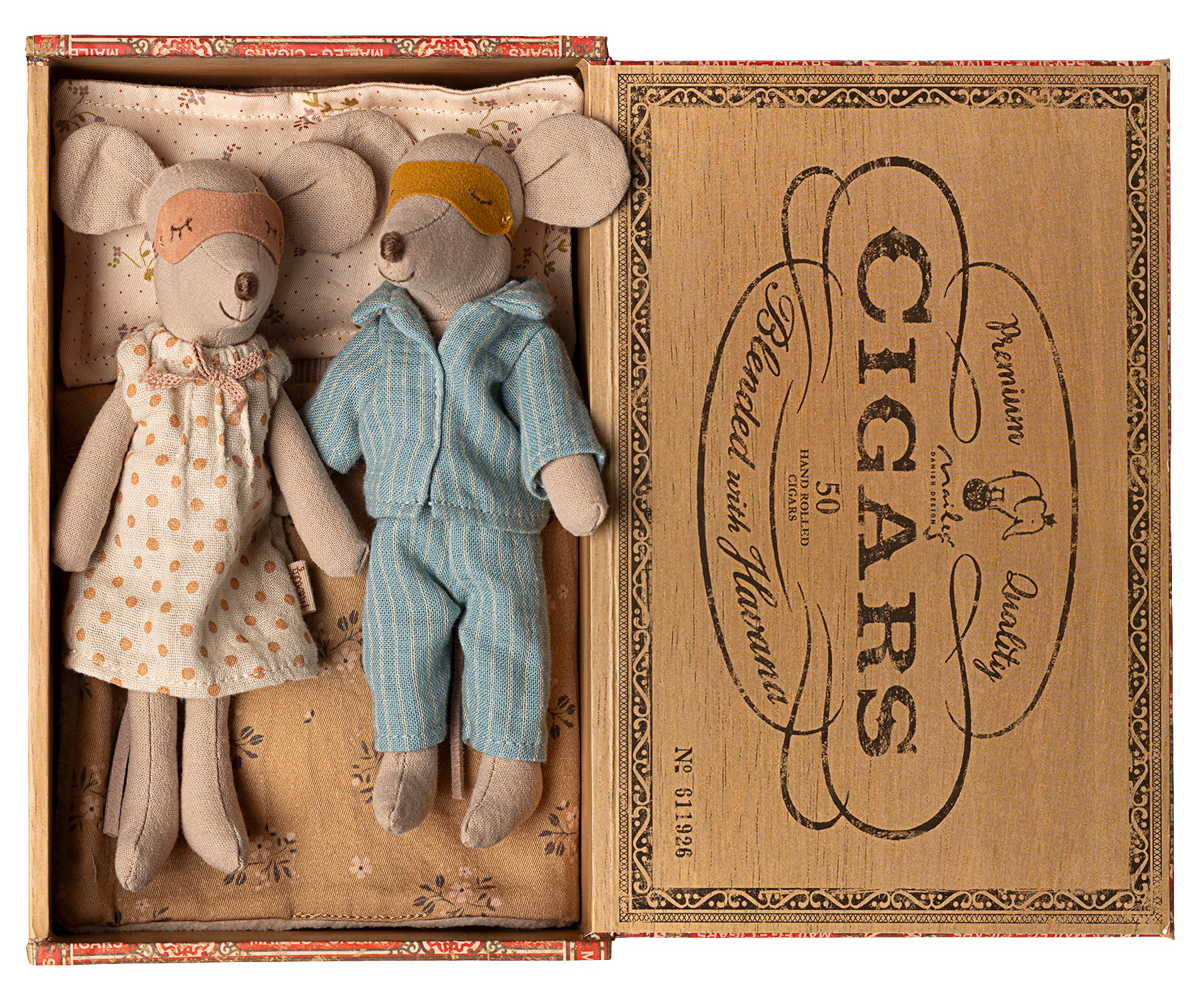 Maileg Mum and Dad Mice set sleeping in cigar box bed wearing pyjamas and eye masks