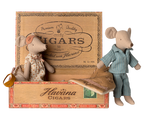 Maileg Mum and Dad Mice set styled in cigar box bed wearing pyjamas and eye masks