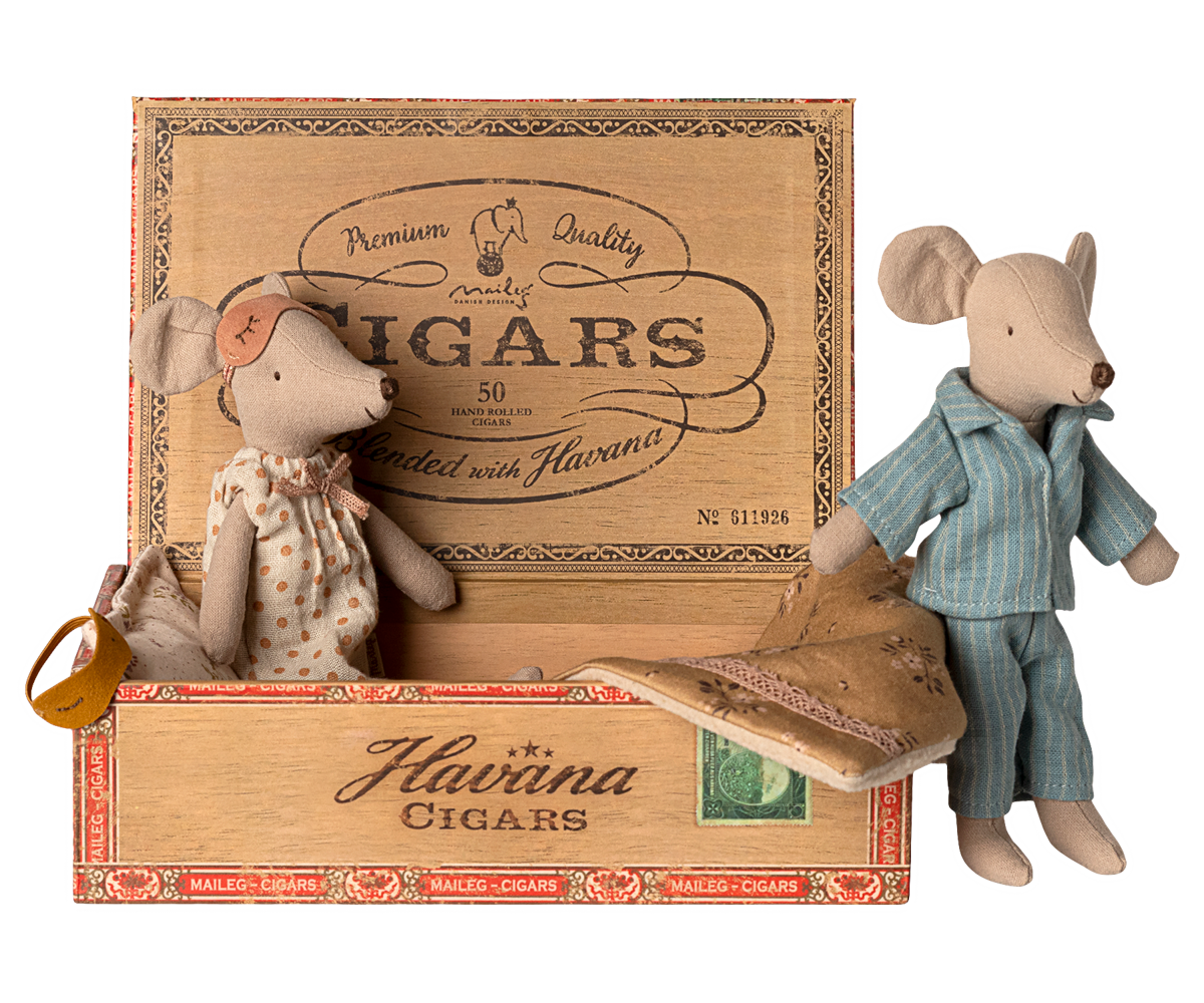 Maileg Mum and Dad Mice set styled in cigar box bed wearing pyjamas and eye masks