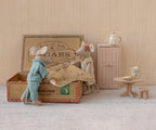 Maileg Mum and Dad Mice set styled in a doll bedroom making their bed