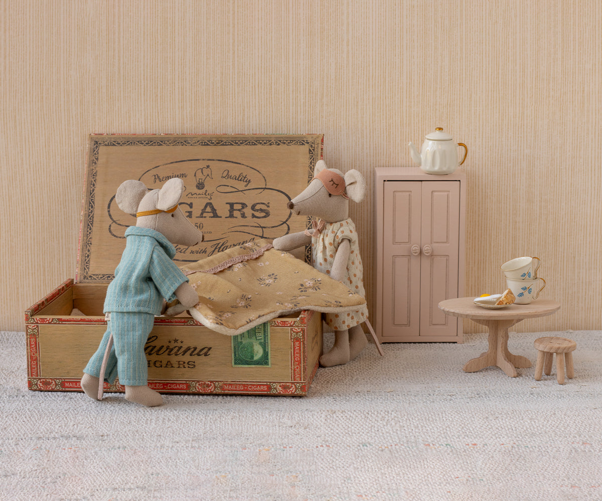Maileg Mum and Dad Mice set styled in a doll bedroom making their bed