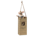 Maileg Prince Mouse Big Brother standing on a cardboard castle