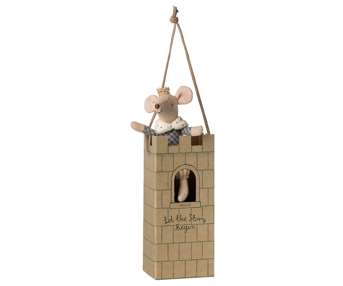 Maileg Prince Mouse Big Brother standing on a cardboard castle