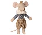 Maileg Prince Mouse Big Brother wearing a crown and a checker outfit on a white background