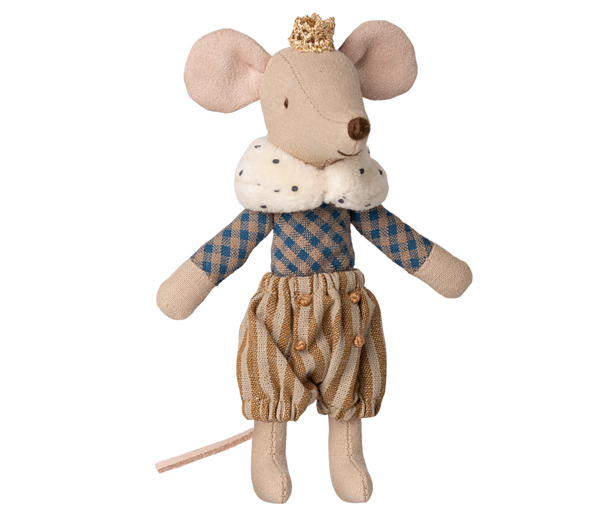 Maileg Prince Mouse Big Brother wearing a crown and a checker outfit on a white background
