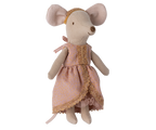 Maileg Princess and the Pea big sister mouse in pink dress with lace trim on white background
