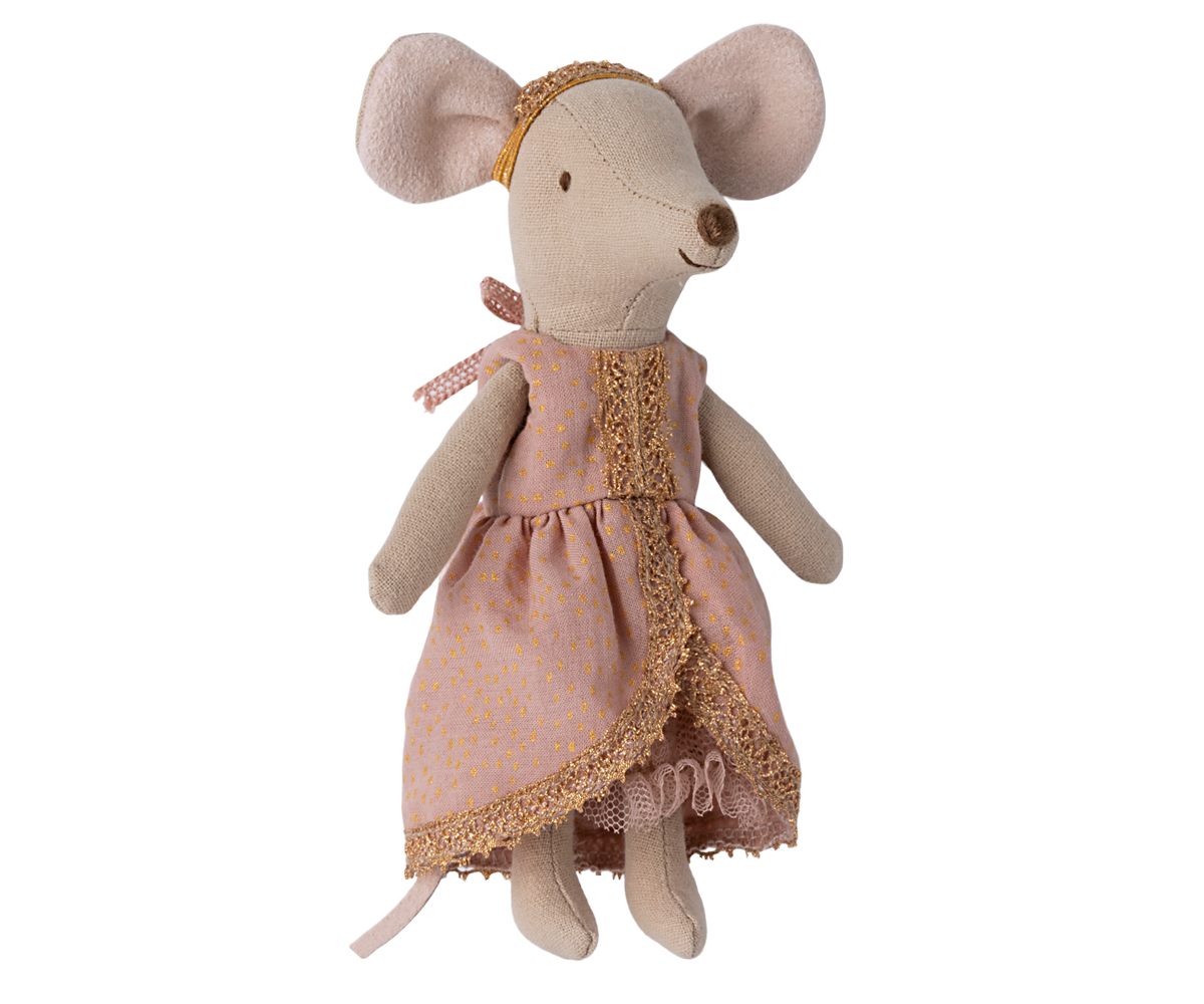 Maileg Princess and the Pea big sister mouse in pink dress with lace trim on white background