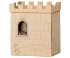 Maileg Princess and the Pea big sister mouse looking out of a cardboard castle window