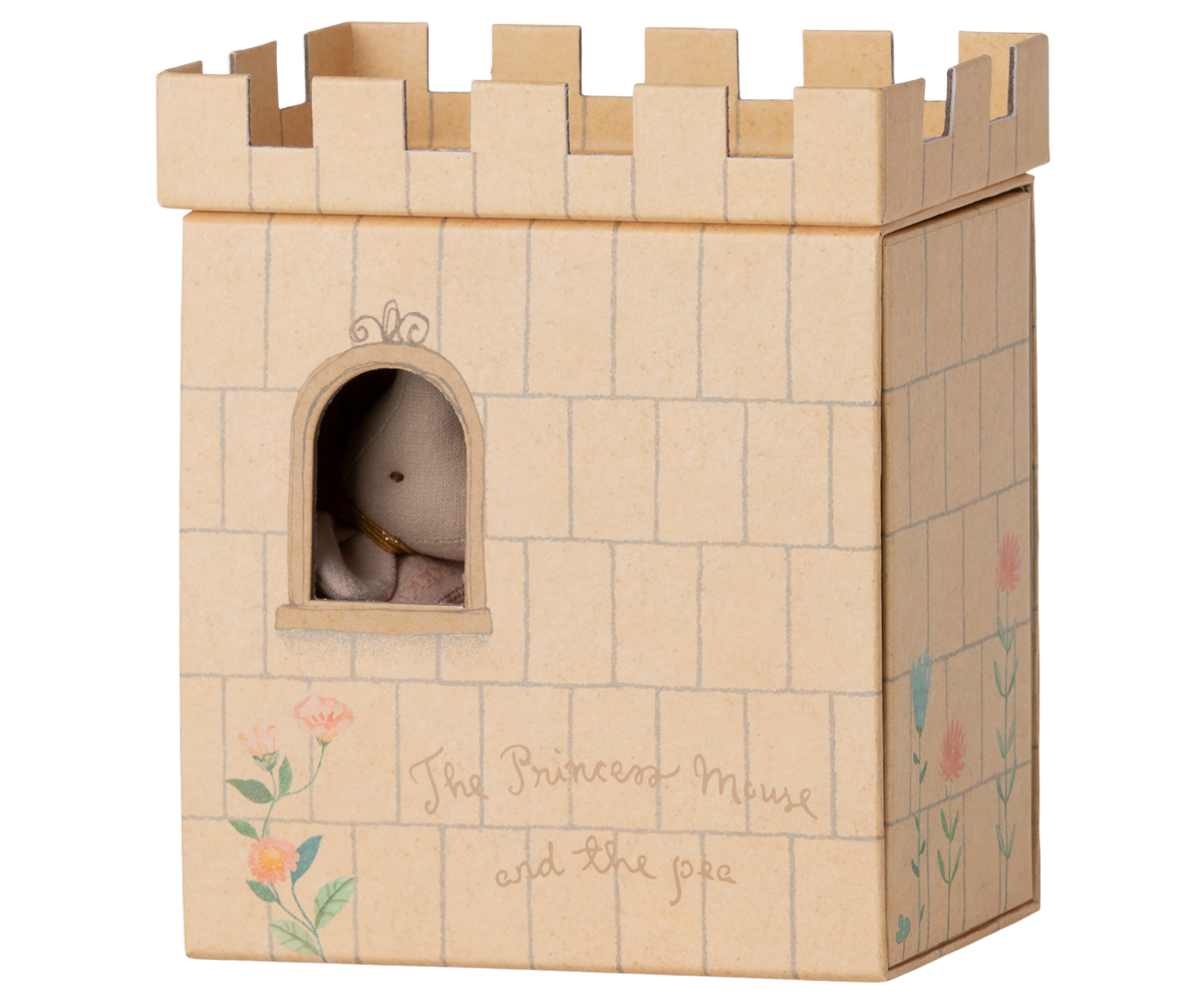 Maileg Princess and the Pea big sister mouse looking out of a cardboard castle window