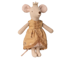 Maileg Princess Mouse Big Sister wearing a beige dress and a gold crown