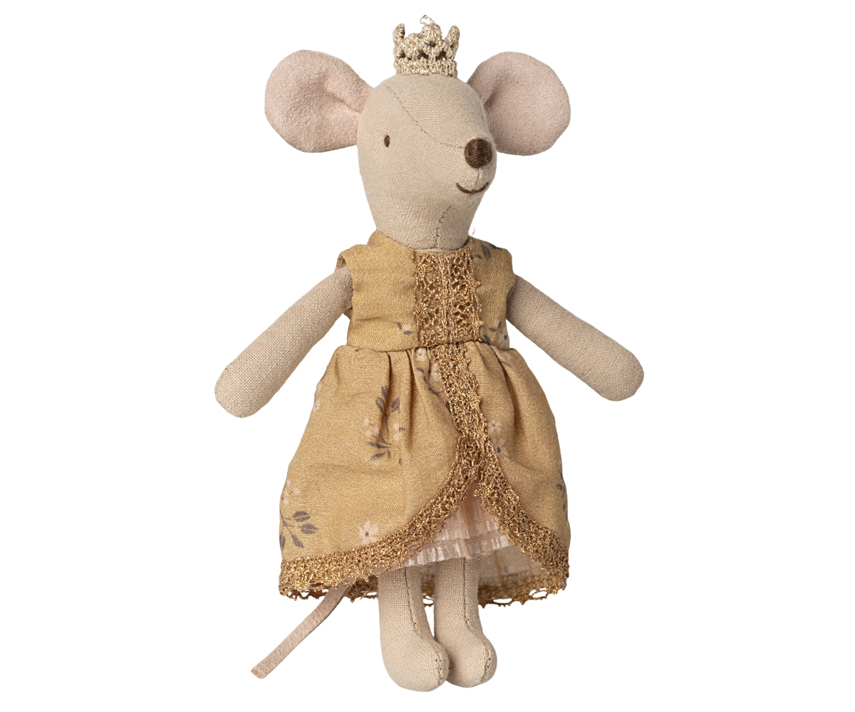 Maileg Princess Mouse Big Sister wearing a beige dress and a gold crown