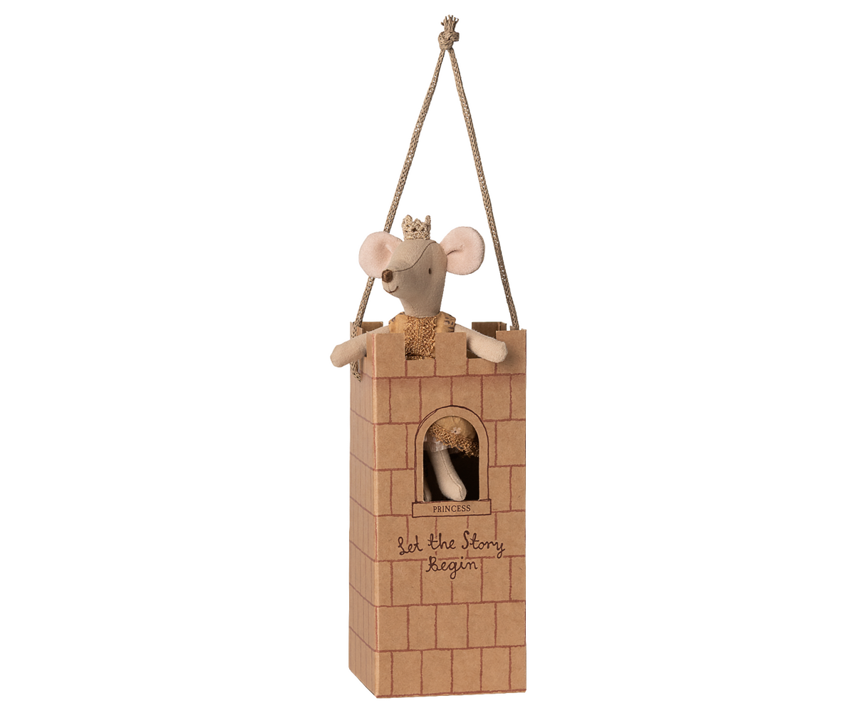 Maileg Princess Mouse Big Sister standing on a cardboard castle tower