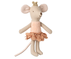 Maileg Princess Mouse Little Sister in a pink dress wearing a gold crown