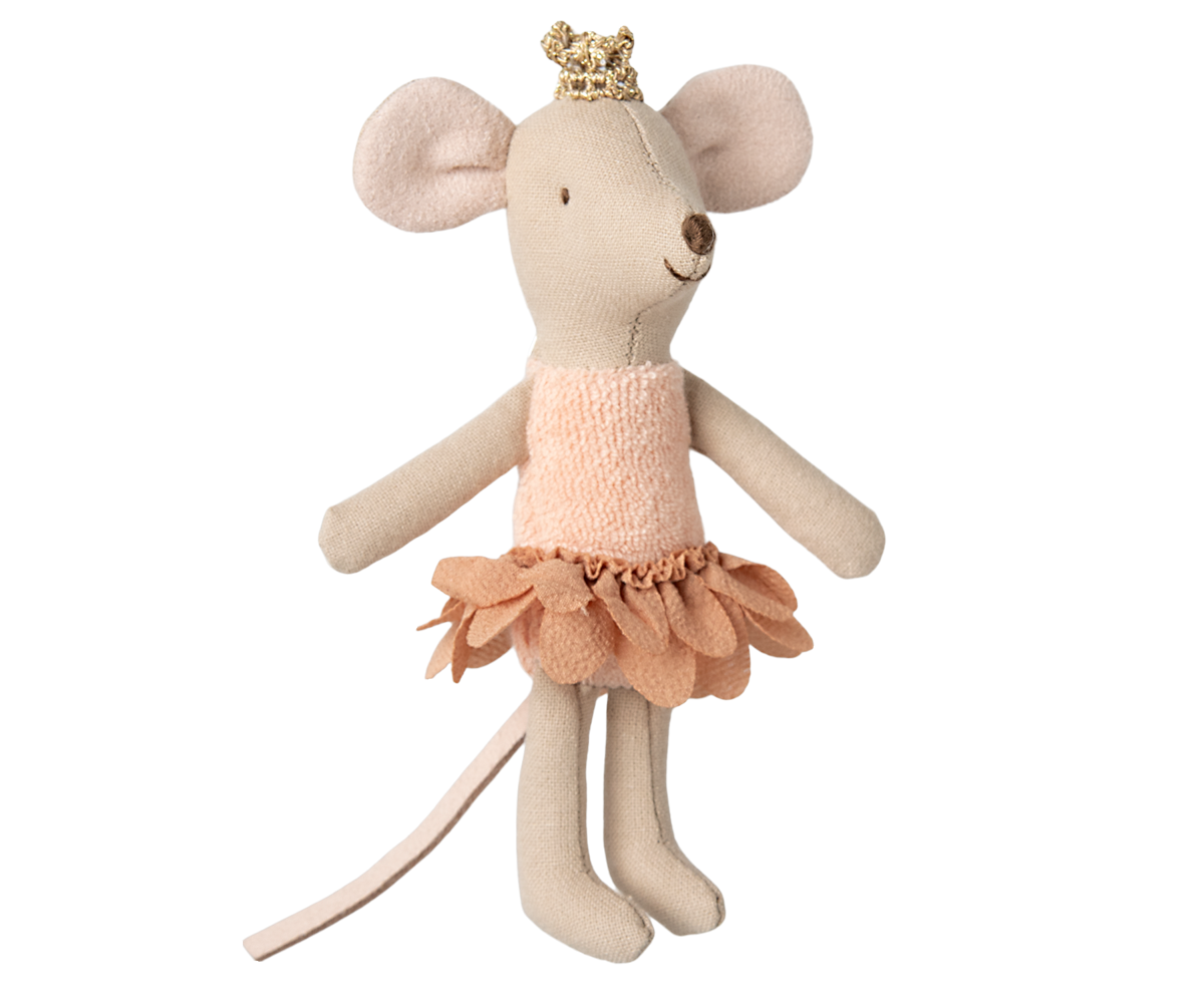 Maileg Princess Mouse Little Sister in a pink dress wearing a gold crown