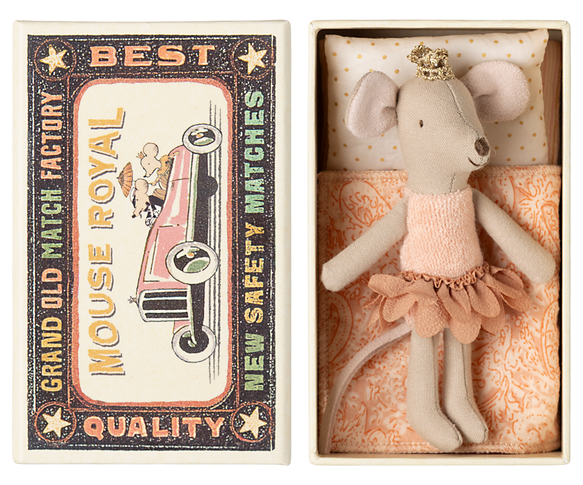 Maileg Princess Mouse Little Sister in matchbox bed