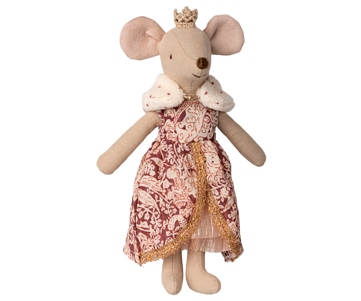 Maileg Queen Mouse Mum wearing a pink dress and a gold crown