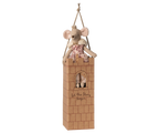 Maileg Queen Mouse Mum standing on a cardboard castle tower