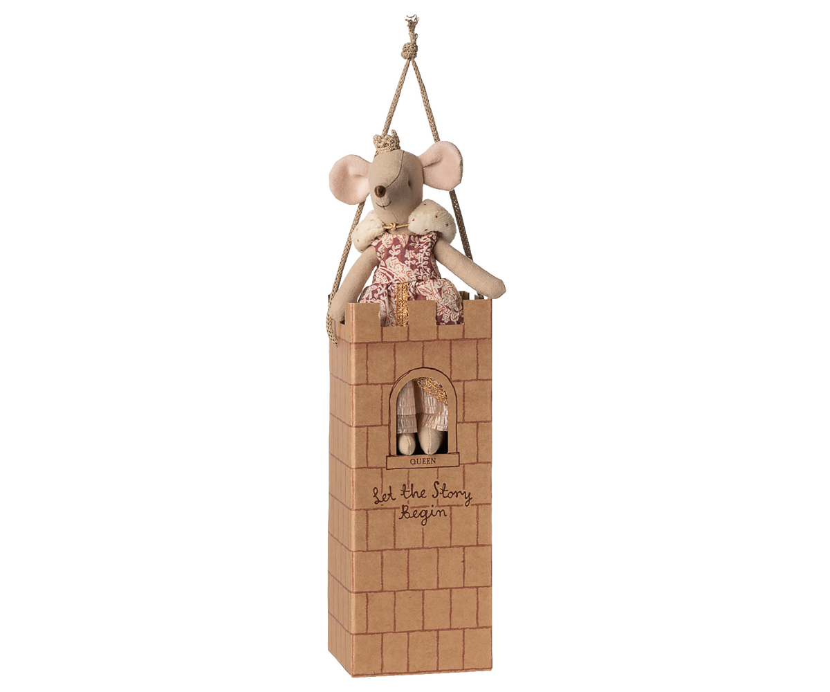 Maileg Queen Mouse Mum standing on a cardboard castle tower