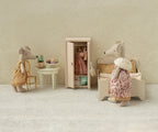 Maileg Queen Mouse Mum styled in a doll bedroom with Princess Mouse Big Sister (not included)