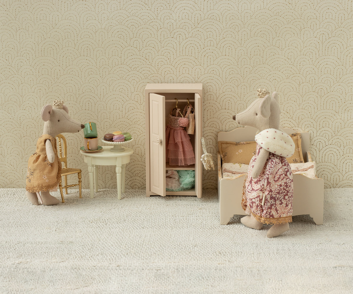 Maileg Queen Mouse Mum styled in a doll bedroom with Princess Mouse Big Sister (not included)