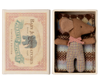 Maileg Sleepy Wakey Baby Mouse in matchbox sleeping in rose-checked outfit with head turned to right