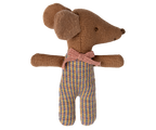 Maileg Sleepy Wakey Baby Mouse in matchbox dressed in rose-checked outfit with eyes open on a white background
