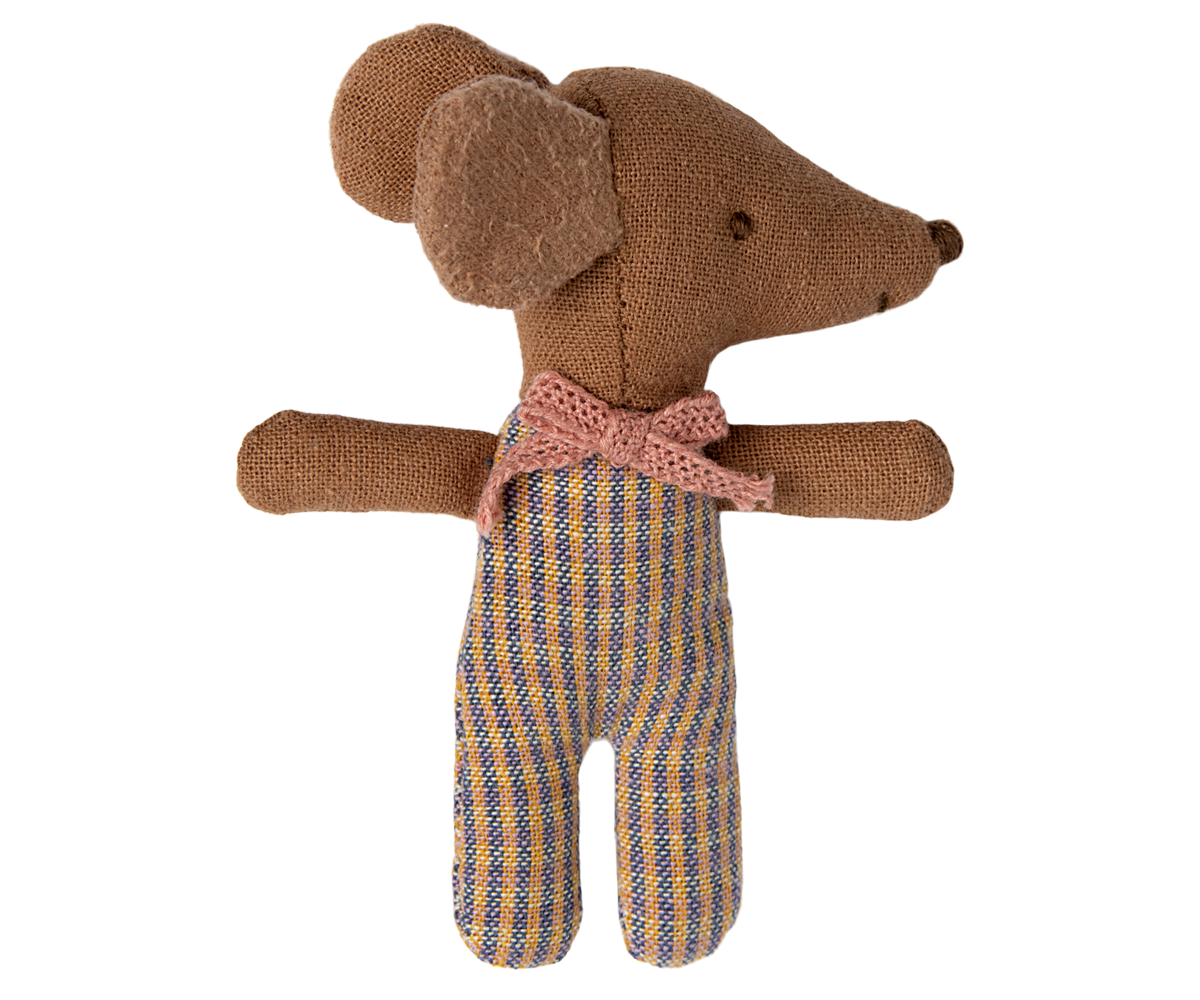 Maileg Sleepy Wakey Baby Mouse in matchbox dressed in rose-checked outfit with eyes open on a white background