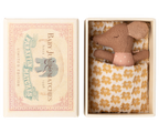 Maileg Sleepy Wakey Baby Mouse in matchbox sleeping in rose-spotted outfit with head turned to left