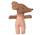 Maileg Sleepy Wakey Baby Mouse in matchbox dressed in rose-spotted outfit with eyes open on a white background