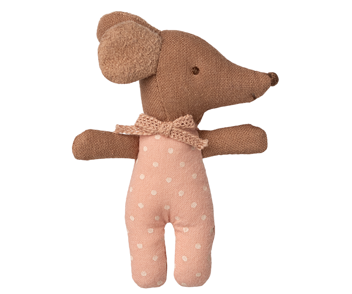Maileg Sleepy Wakey Baby Mouse in matchbox dressed in rose-spotted outfit with eyes open on a white background