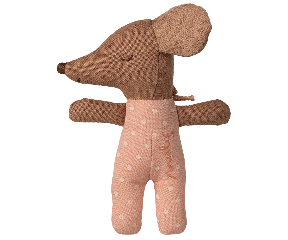 Maileg Sleepy Wakey Baby Mouse in matchbox dressed in rose-spotted outfit with eyes closed on a white background