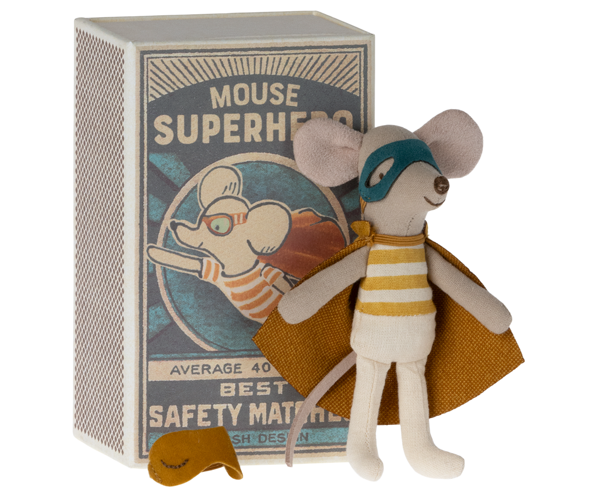 Maileg Super Hero Mouse Little Brother styled in front of the matchbox