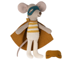 Maileg Super Hero Mouse Little Brother wearing a superhero costume and mask