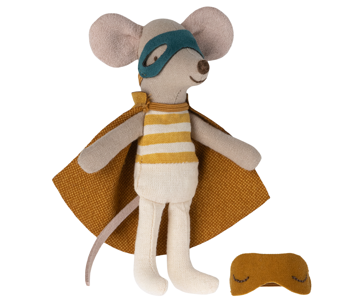 Maileg Super Hero Mouse Little Brother wearing a superhero costume and mask