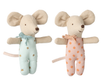 Maileg Baby Mouse Twins wearing a star-patterned and polkadot outfit on a white background