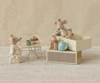 Maileg Royal Twin Mice Little Sister and Brother in matchbox styled in a doll living room with a miniture tea set