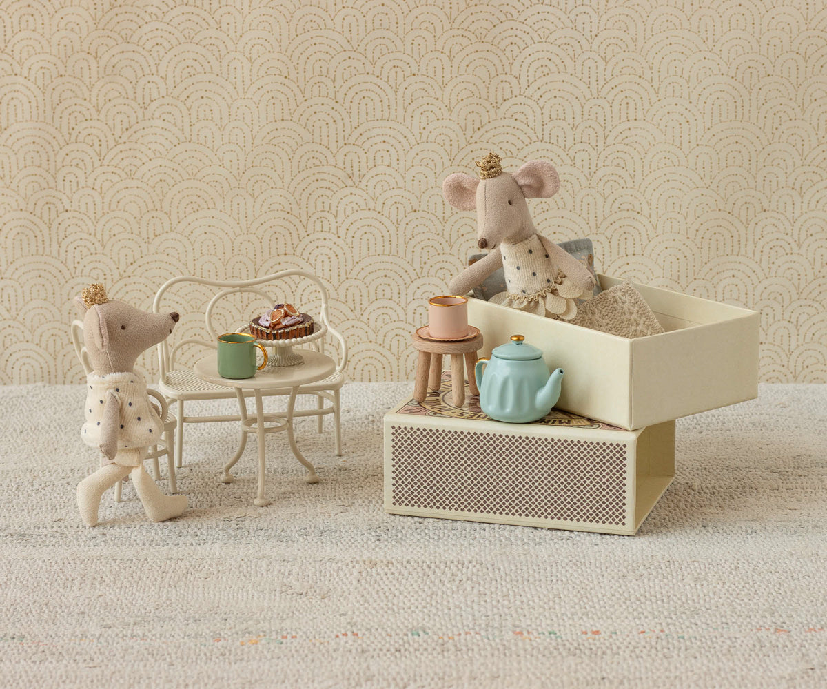Maileg Royal Twin Mice Little Sister and Brother in matchbox styled in a doll living room with a miniture tea set