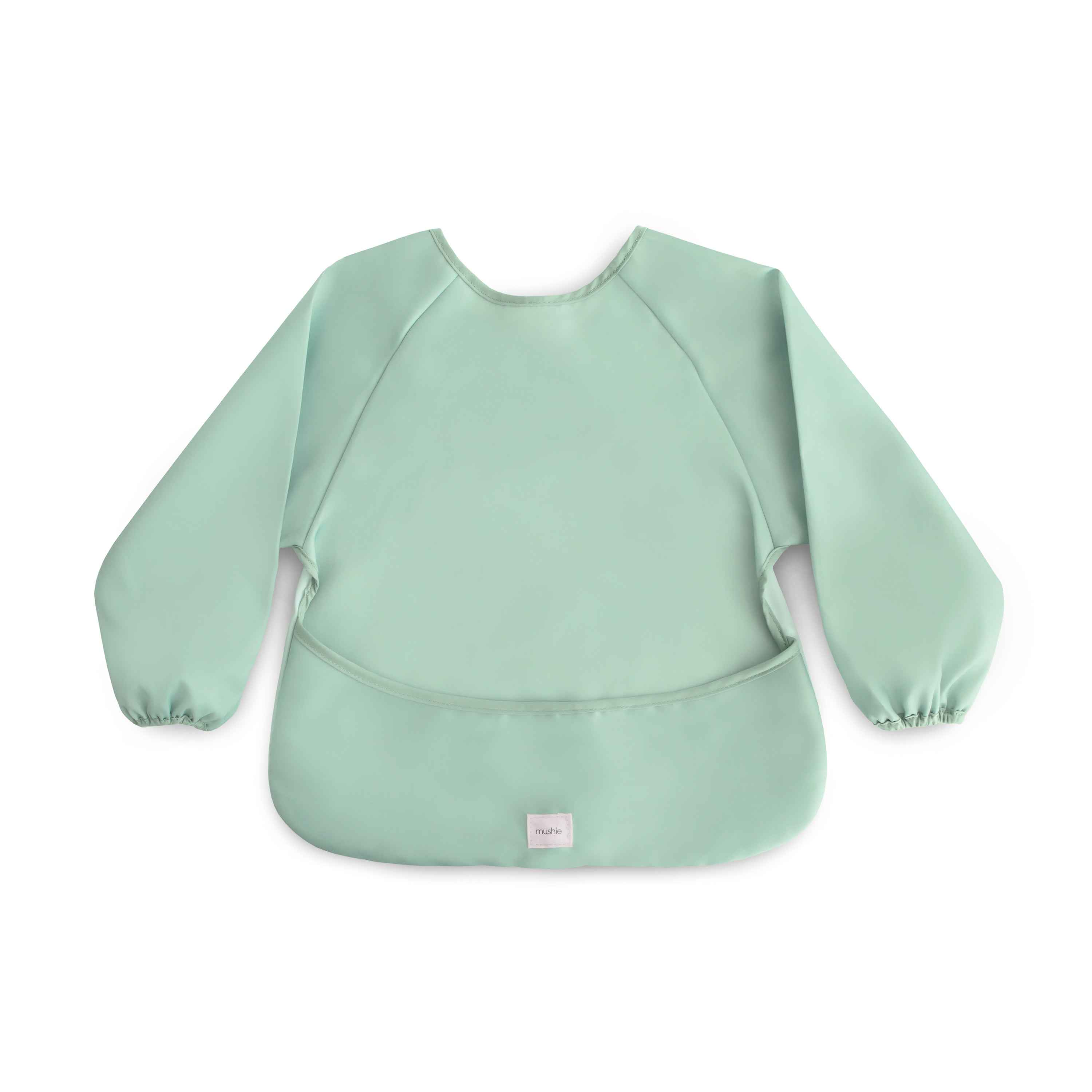 Mushie long sleeve bib in Roman green on a white background